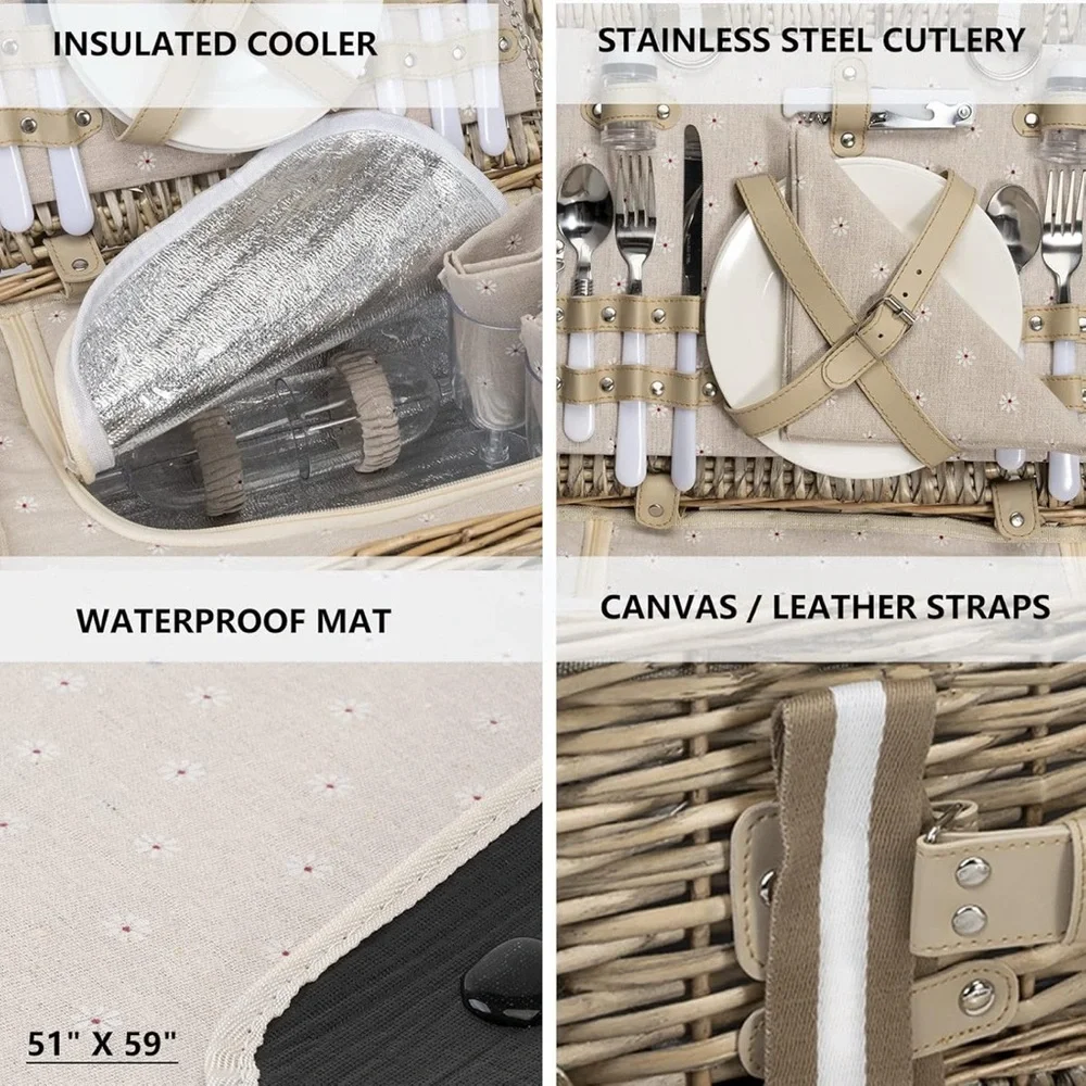 Picnic Basket Set for 4 w/‎ Insulated Liner Waterproof Blanket
